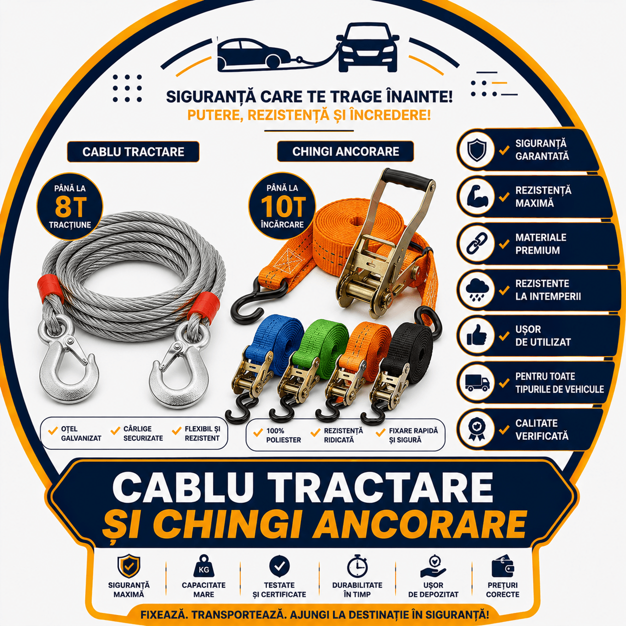 Cablu tractare si chingi ancorare - revizieautomoto.ro