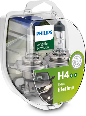 SET 2 BECURI FAR H4 60/55W 12V LONGER LIFE ECOVISION PHILIPS