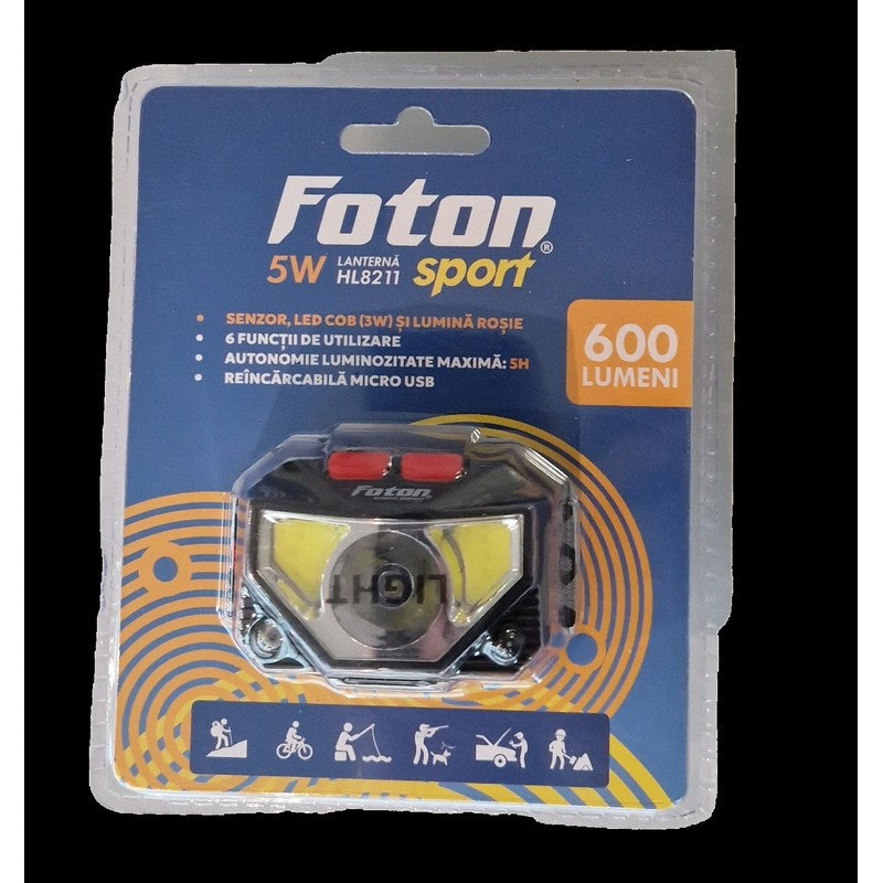 Lanterna frontala reincarcabila cu senzor Foton Sport HL8211  5W+3W+Rosu 600 lumeni - 304148211