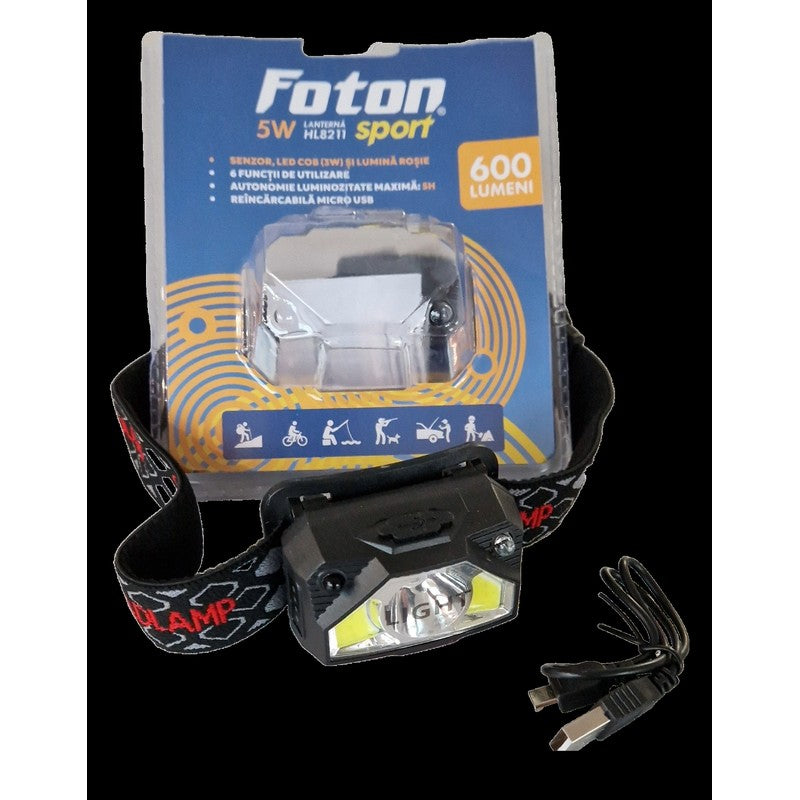 Lanterna frontala reincarcabila cu senzor Foton Sport HL8211  5W+3W+Rosu 600 lumeni - 304148211