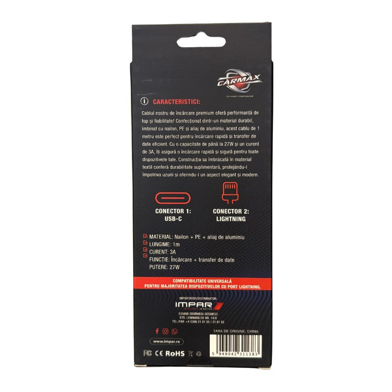 Cablu USB-C - Lightning 27W Carmax 1m - 56637