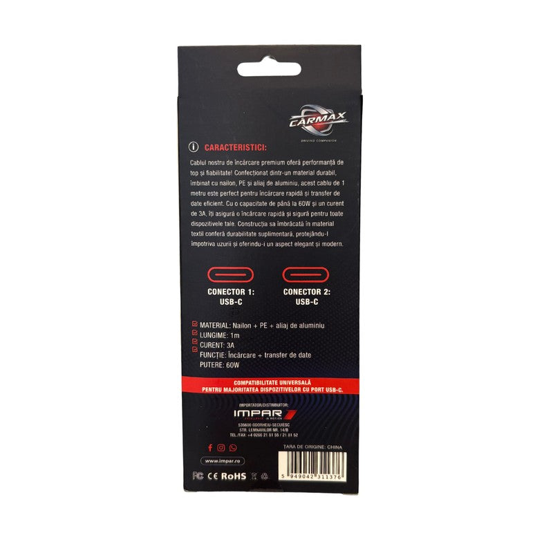 Cablu USB-C - USB-C 60W Carmax 1m - 56636