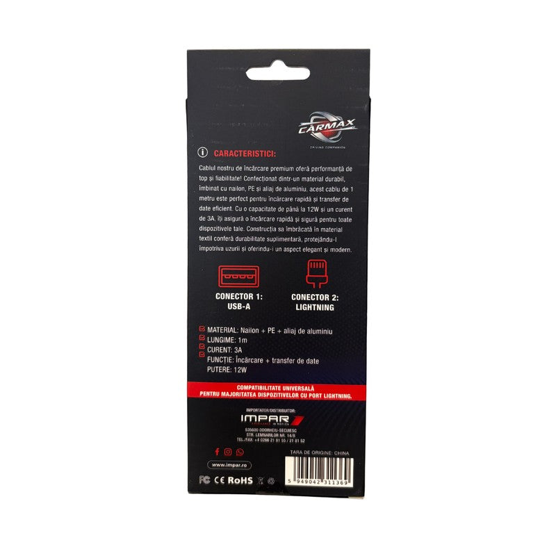 CABLU USB-A - LIGHTNING 12W CARMAX 1M - 56635