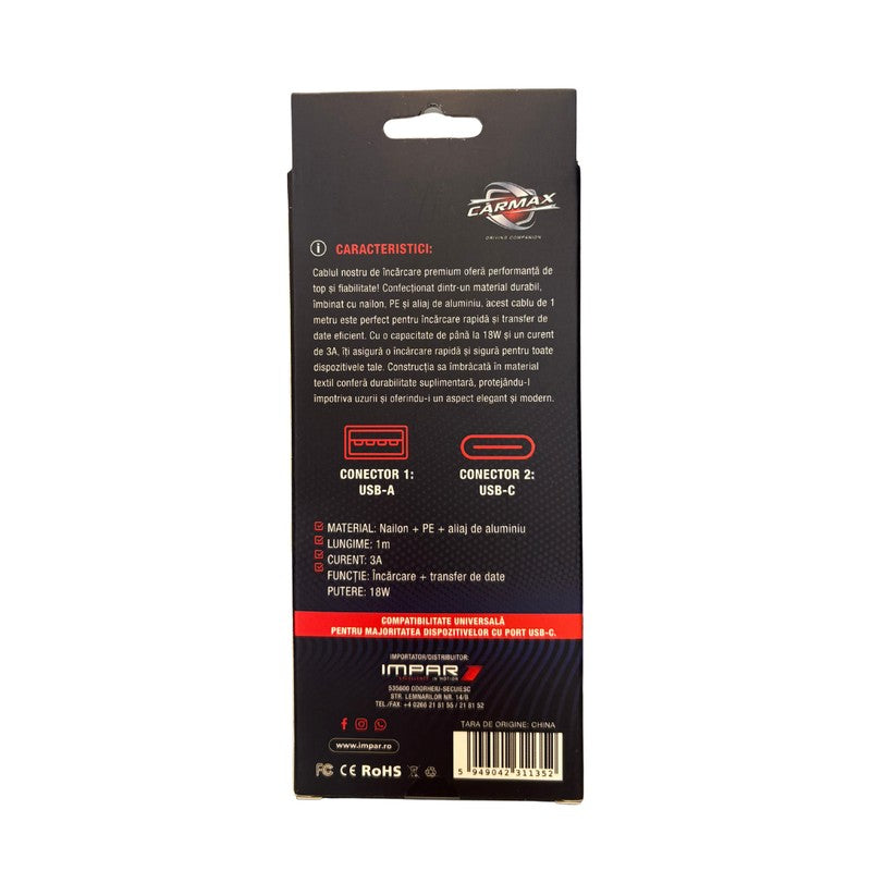 CABLU USB-A - USB-C 18W CARMAX 1M - 56634