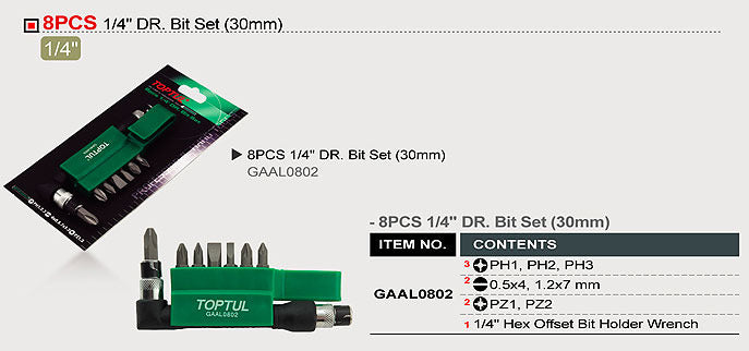 Set biti surubelnite 30mm (8 piese) Toptul - GAAL0802