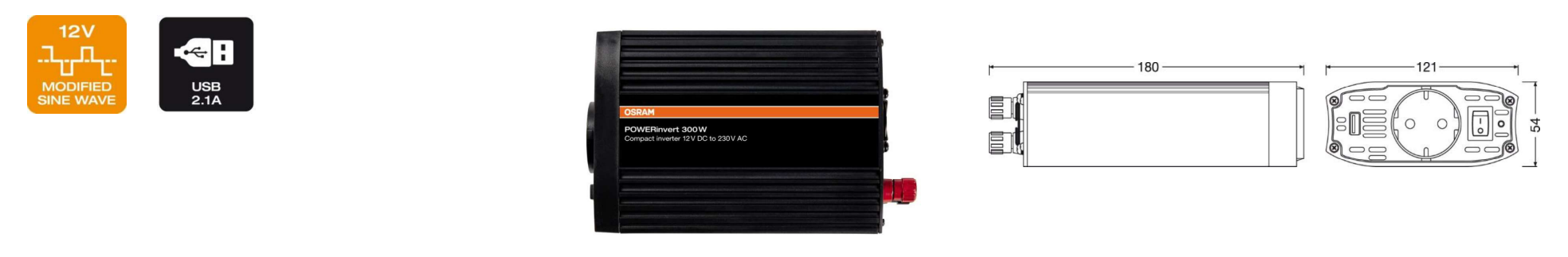 Invertor Osram POWERinvert Modified Sine Wave Inverter 12V DC 300W - OEINVU300