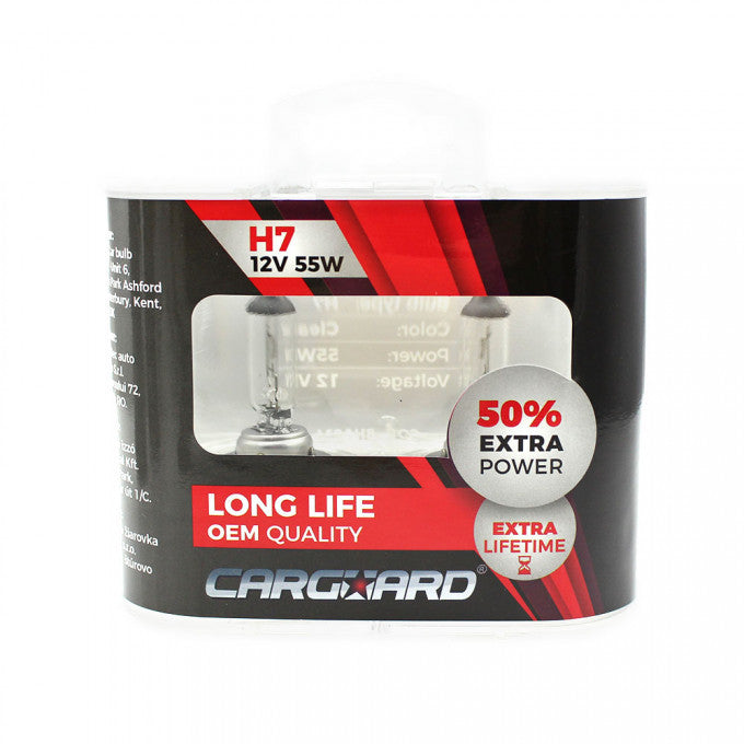 Set de 2 becuri Halogen H7, 55W, +50% Intensitate - LONG LIFE - CARGUARD - BHA014