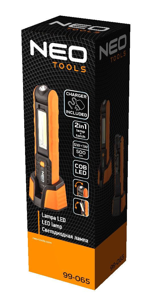 Lampa de atelier reincarcabila, 3.7V Li-Ion, 500 lm COB + Tubulara + incarcator Neo Tools - 99065