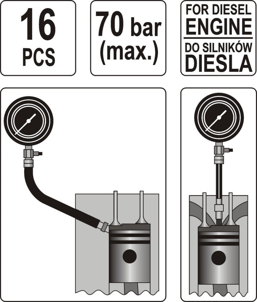 Tester de compresie pentru motor Diesel 16 piese Yato - YT7307