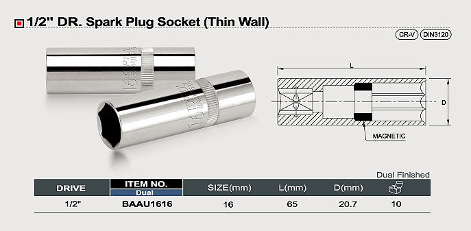 Capat cheie tubulara bujii 1/2, 16mm, perete subtire Toptul - BAAU1616