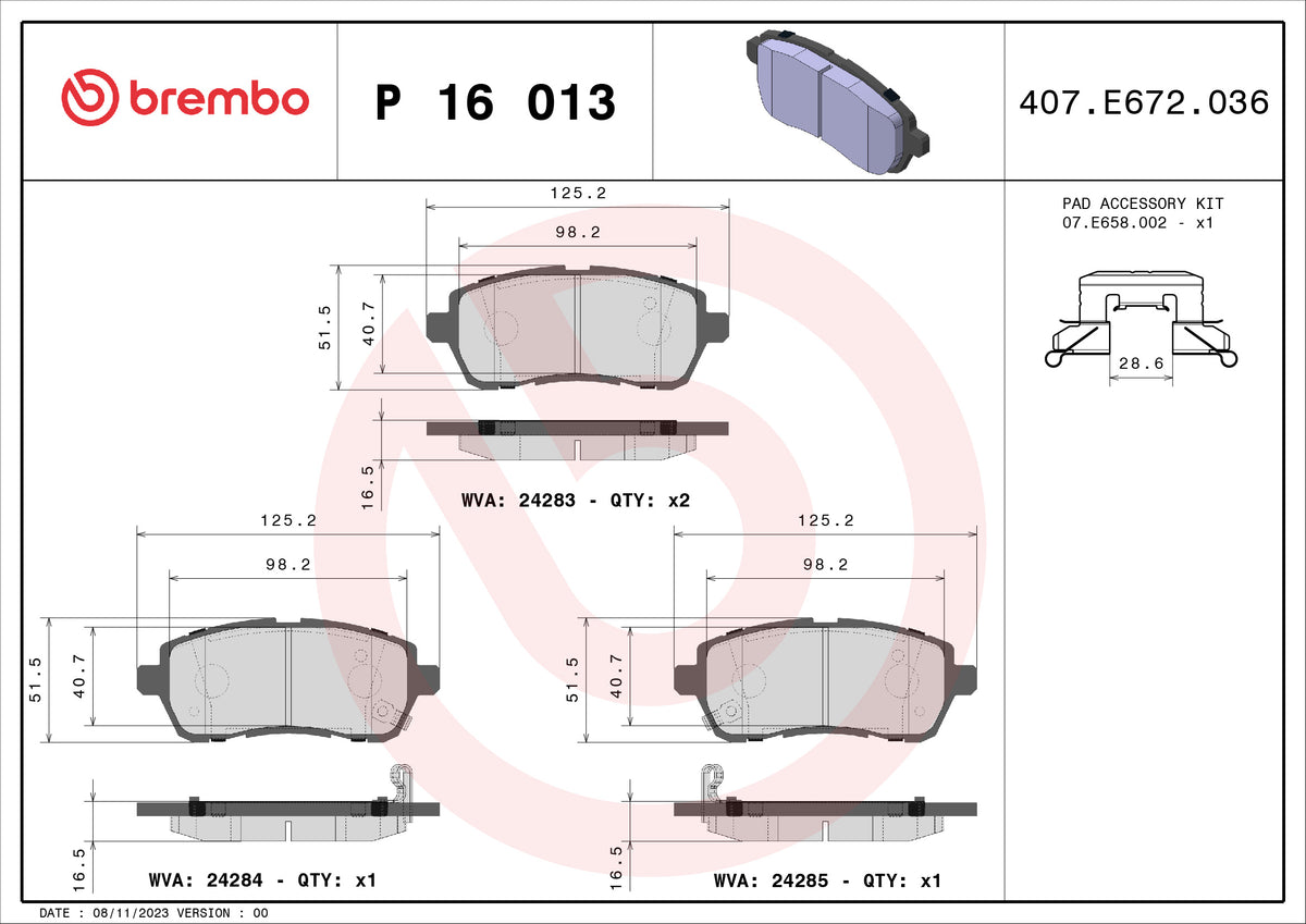 set placute frana,frana disc P 16 013 BREMBO