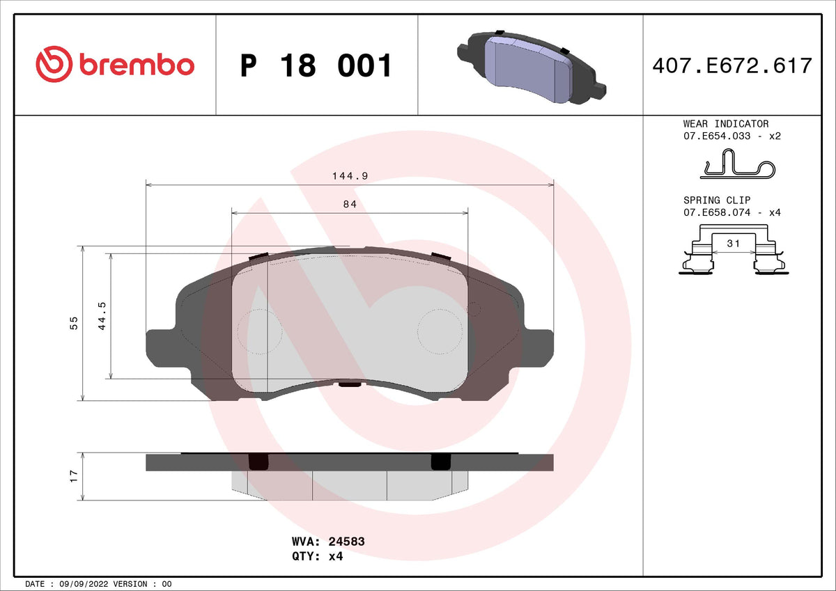 set placute frana,frana disc P 18 001 BREMBO