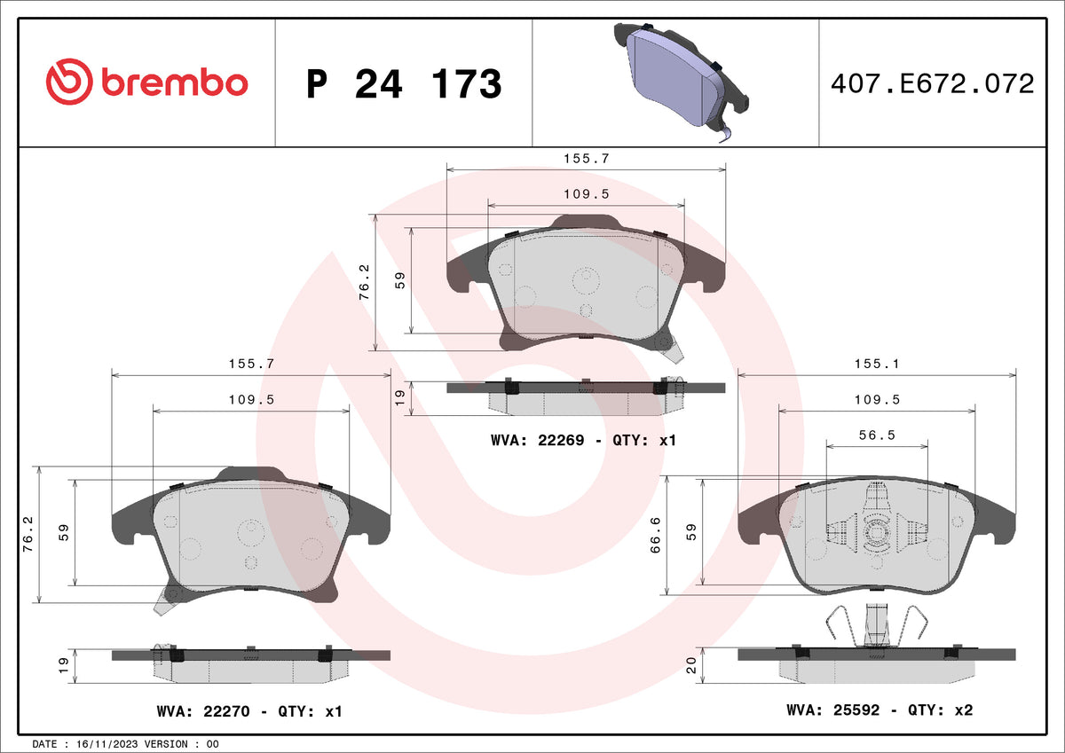 set placute frana,frana disc P 24 173 BREMBO