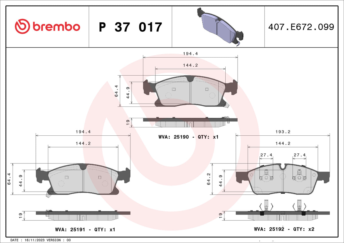 set placute frana,frana disc P 37 017 BREMBO