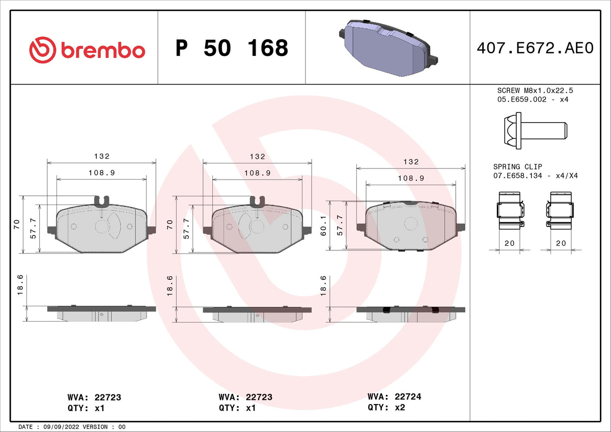 set placute frana,frana disc P 50 168 BREMBO