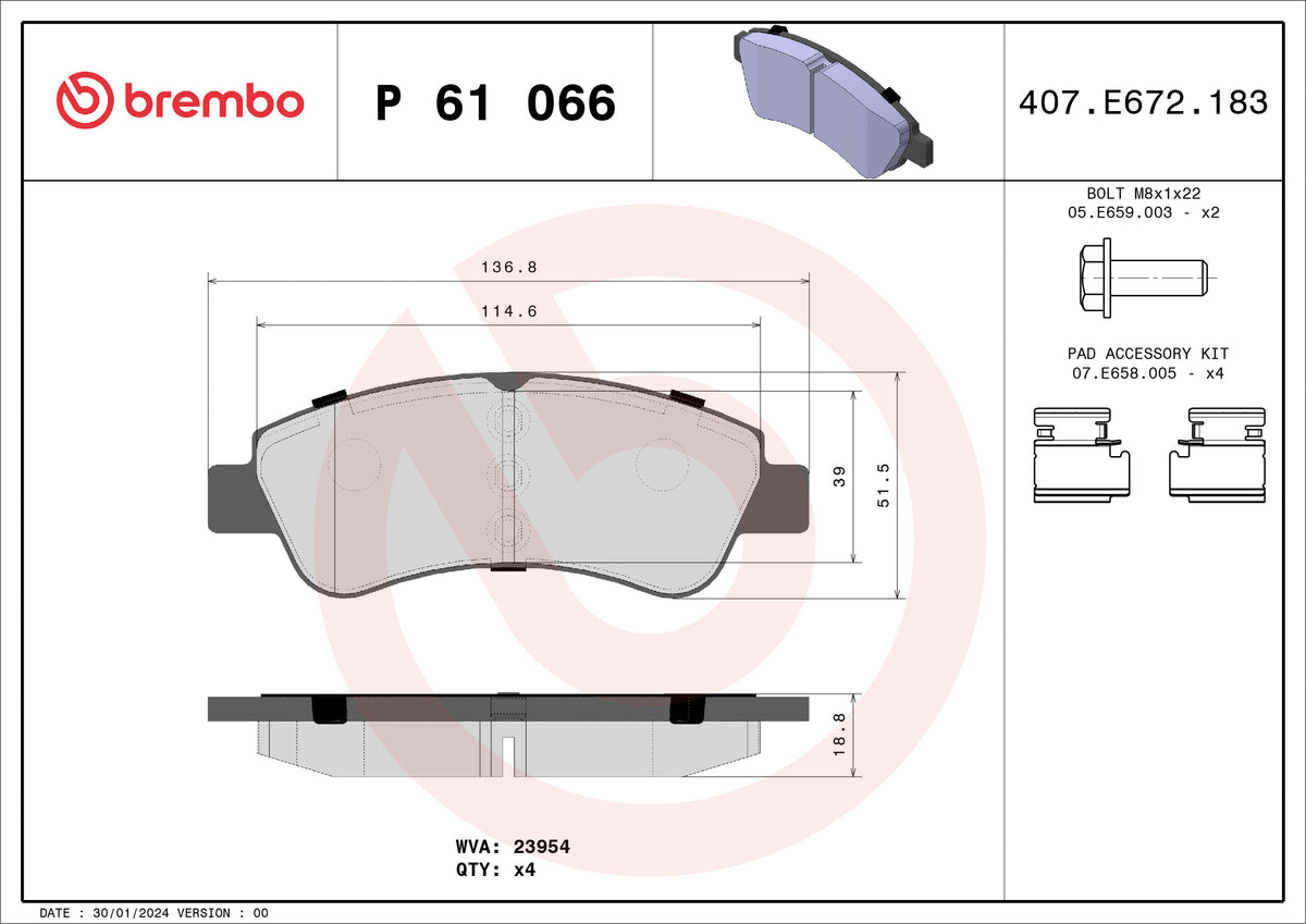 set placute frana,frana disc P 61 066 BREMBO