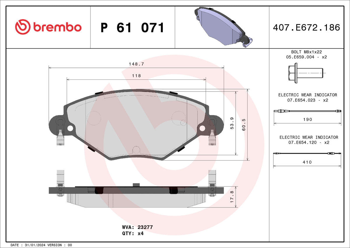 set placute frana,frana disc P 61 071 BREMBO