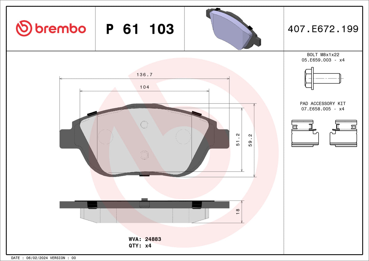set placute frana,frana disc P 61 103 BREMBO