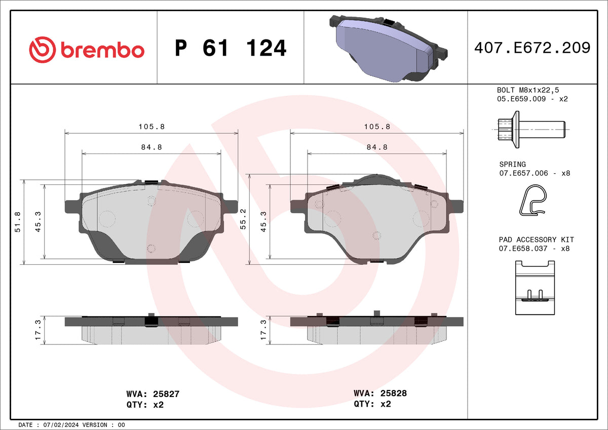 set placute frana,frana disc P 61 124 BREMBO