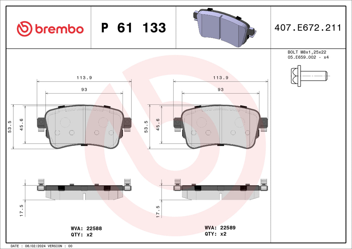 set placute frana,frana disc P 61 133 BREMBO