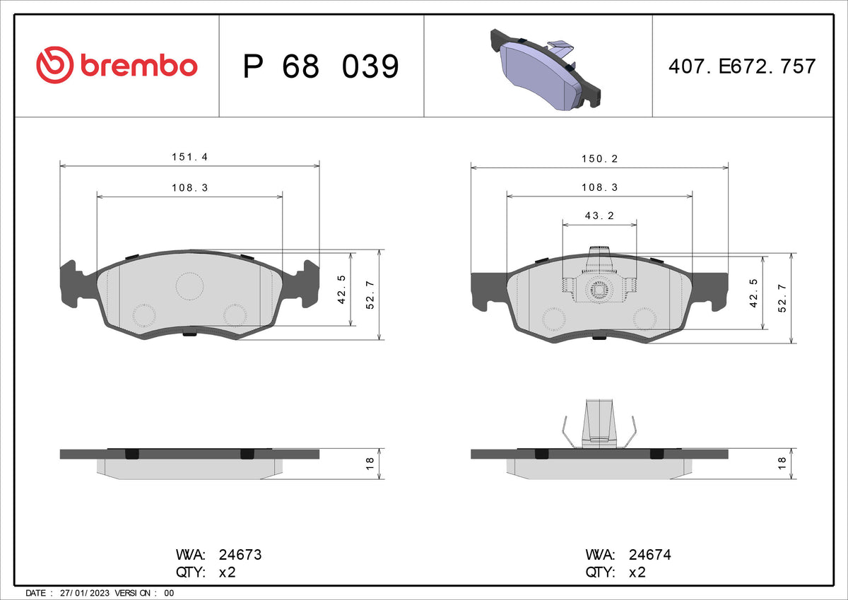 set placute frana,frana disc P 68 039 BREMBO