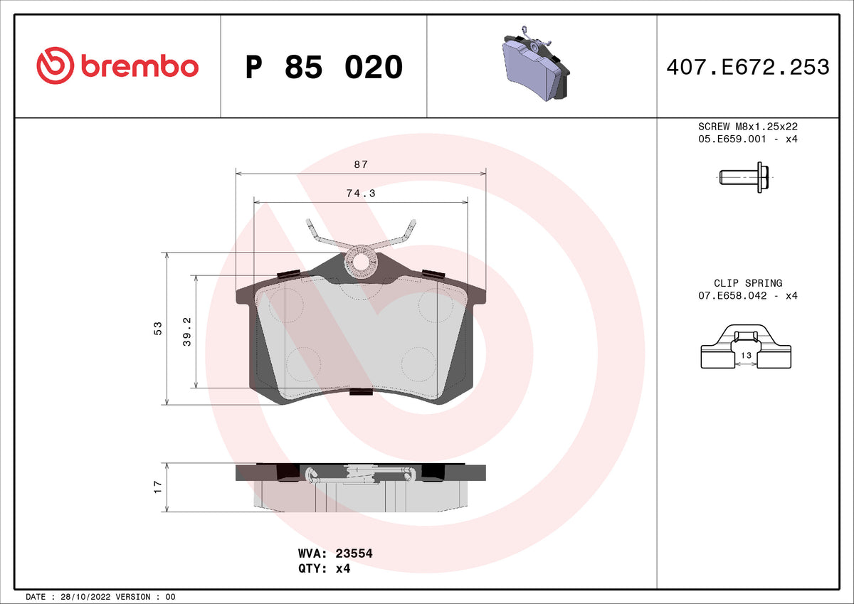 set placute frana,frana disc P 85 020 BREMBO
