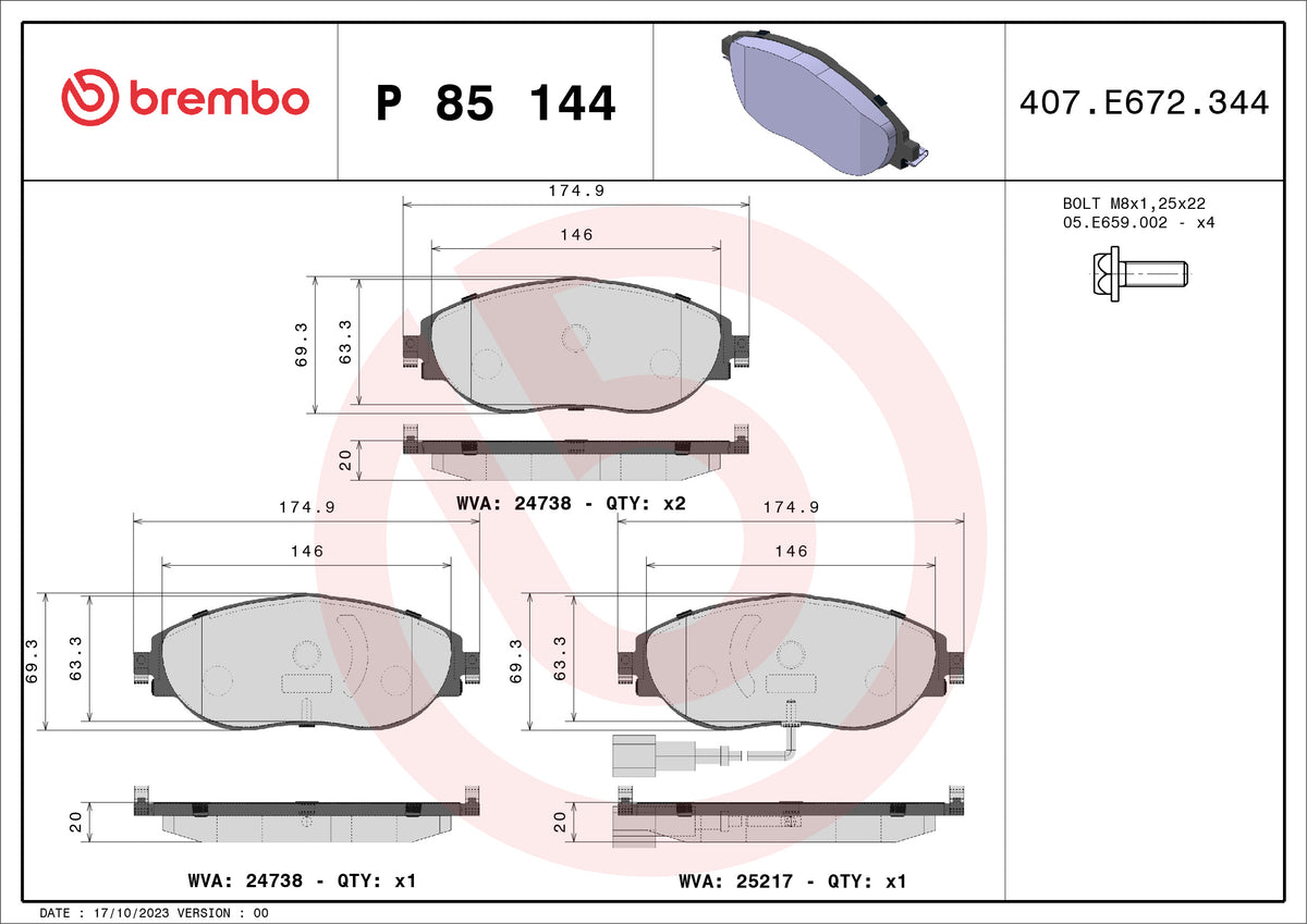 set placute frana,frana disc P 85 144 BREMBO