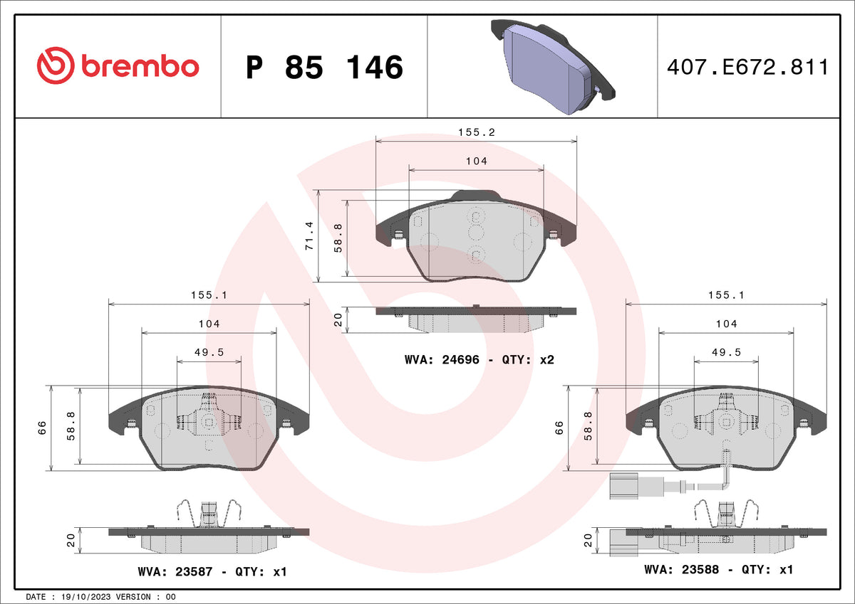set placute frana,frana disc P 85 146 BREMBO