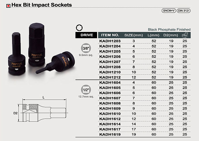 Bit hex. de impact 1/2 19 mm Toptul - KADH1619