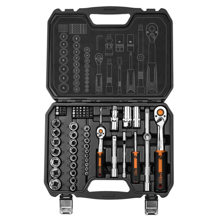 Set de chei tubulare ½" și ¼", cu multiple funcții, 73 de piese Neo Tools - 10054