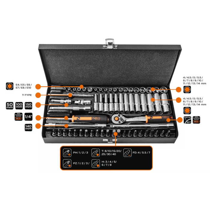 Set de chei tubulare 1/4 63 de piese Neo Tools - 10008