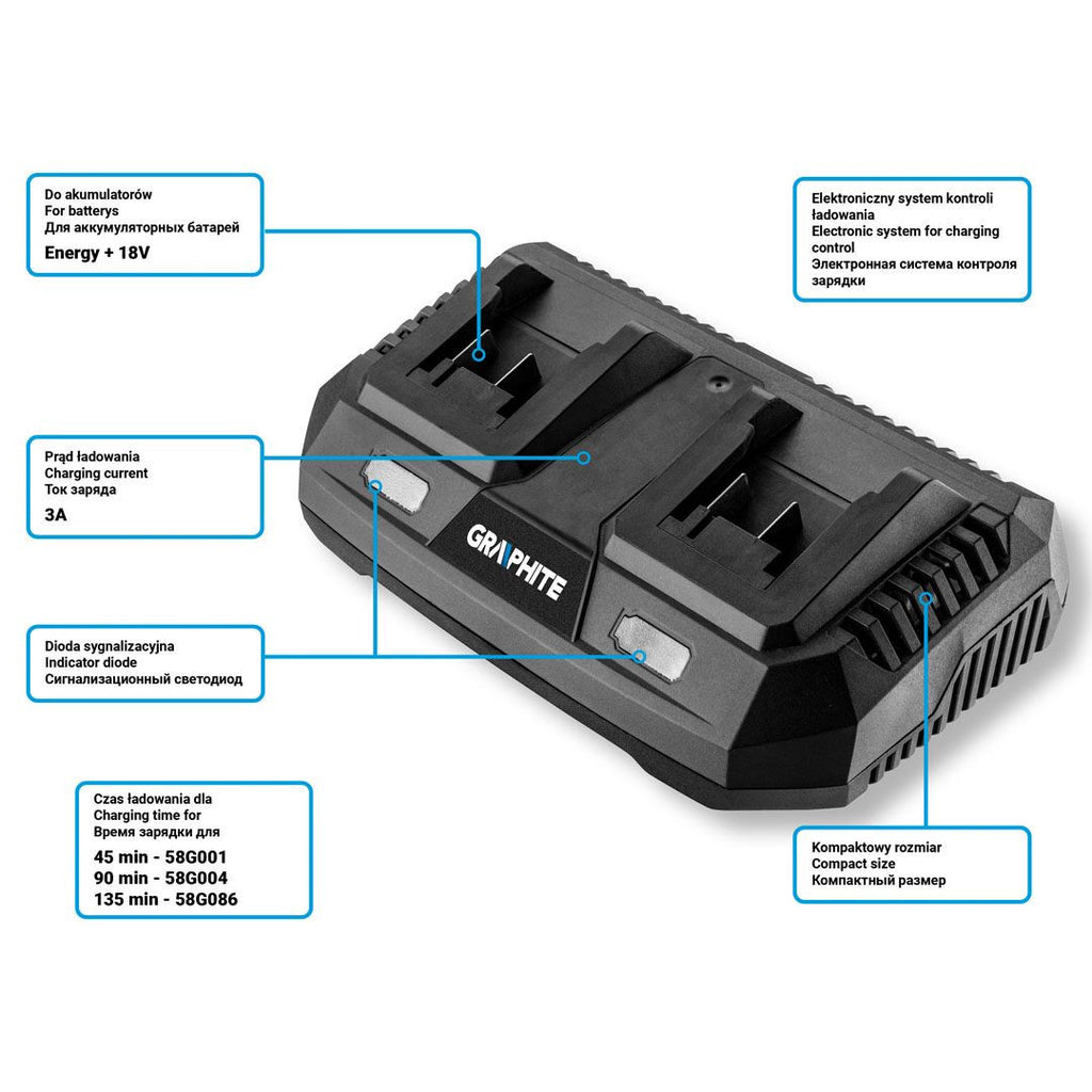 Incarcator dublu pentru bateriile Energy+ 58G085 GRAPHITE Neo Tools