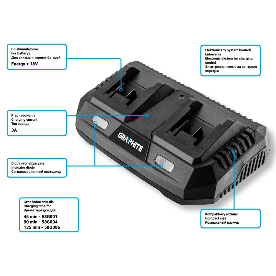 Incarcator dublu pentru bateriile Energy+ 58G085 GRAPHITE Neo Tools