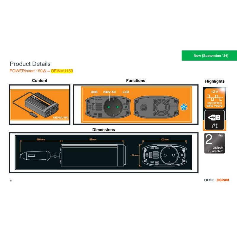 Invertor Osram POWERinvert Modified Sine Wave Inverter 12V DC 150W - OEINVU150Electronice auto