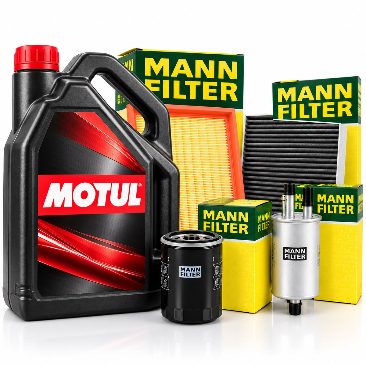 Kit revizie: ulei Motul si filtre MANN-Filter (ulei, aer, habitaclu, combustibil)