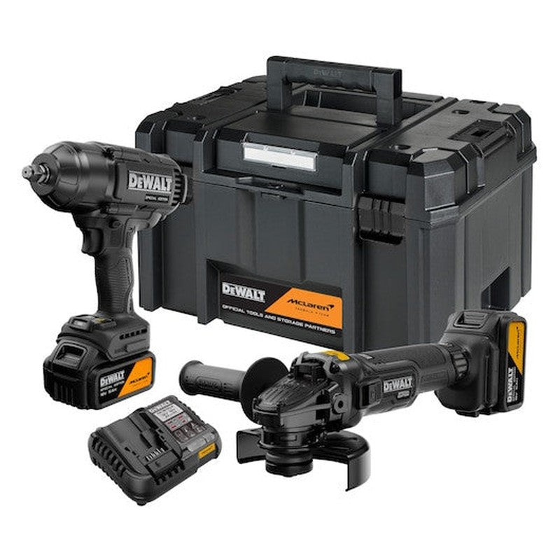 Set 2 unelte DEWALT® x McLaren F1 Team 18V XR® Ediție Specială: cheie de impact cu cuplu mare și polizor unghiular – 2 x acumulator 5Ah - DCK2225MP2TQW