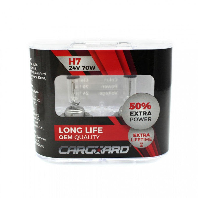 Set de 2 becuri Halogen 24V - H7, 70W, +50% Intensitate - LONG LIFE - CARGUARD - BHA044