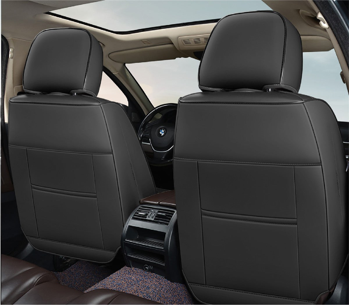 Huse auto premium 5 locuri Carguard Deluxe piele ecologică perforată și textil - negru - rosu închis - HSA018