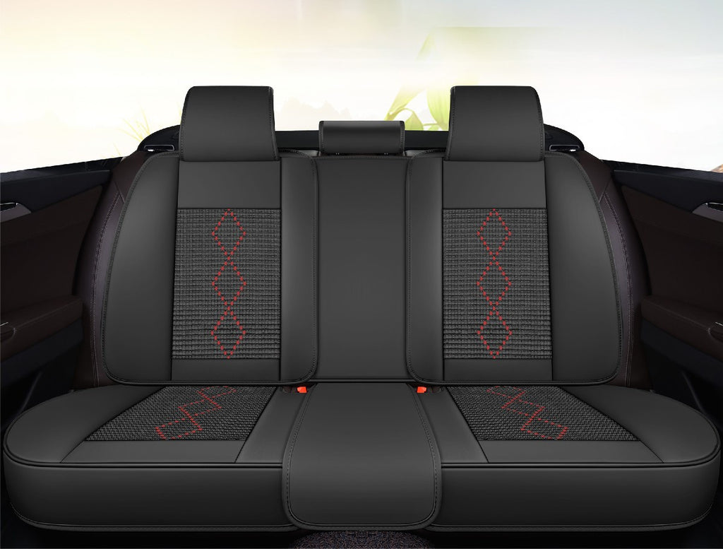 Huse auto premium 5 locuri Carguard Deluxe piele ecologică perforată și textil - negru - rosu închis - HSA018