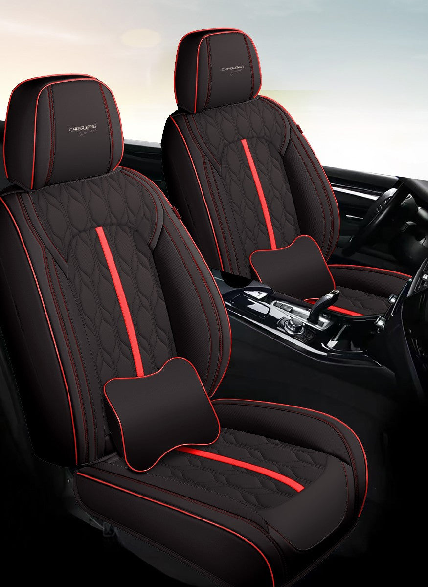 Huse auto premium 5 locuri Carguard Deluxe piele ecologică perforată - negru - rosu - HSA024