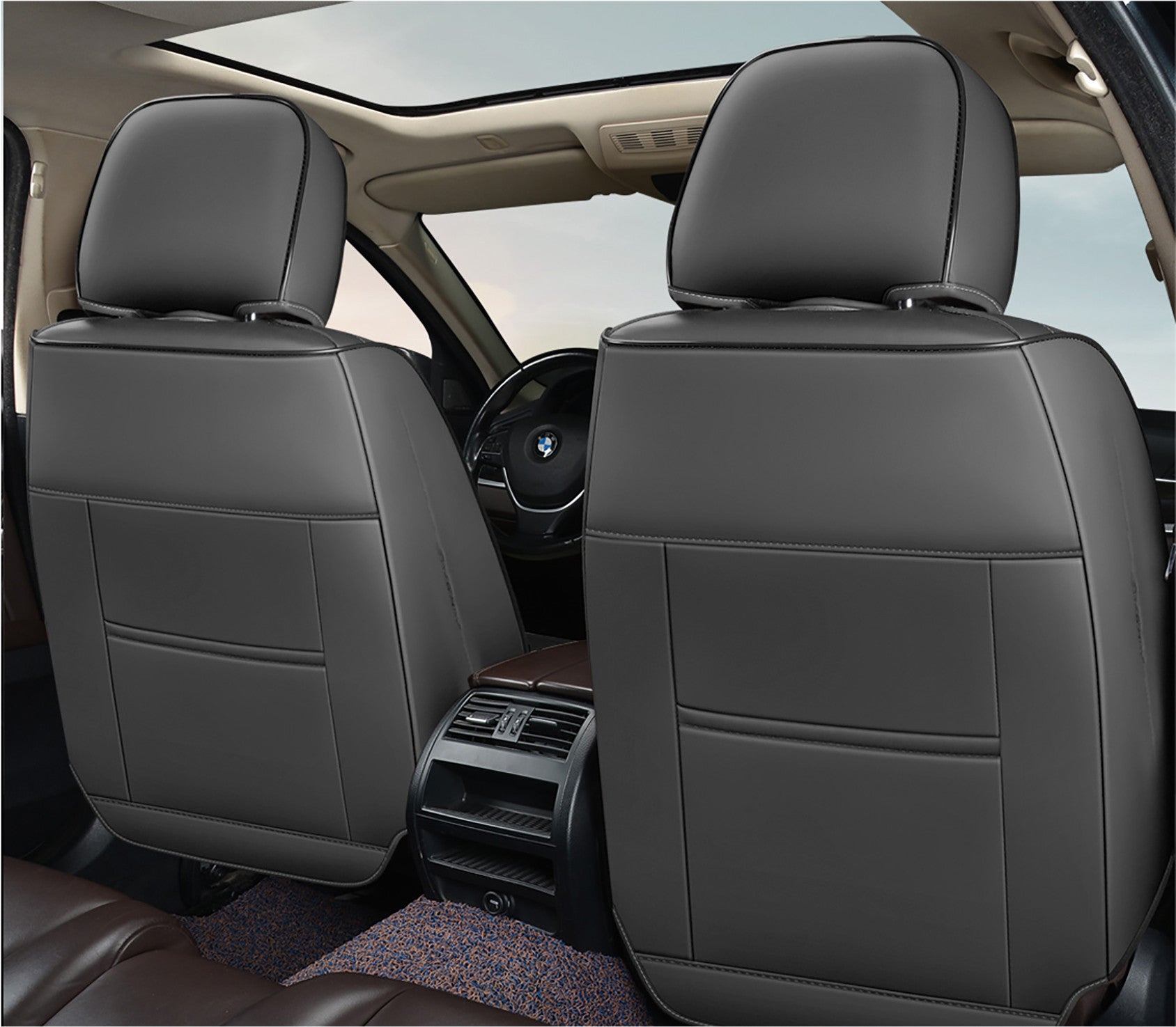 Huse auto premium 5 locuri Carguard Deluxe piele ecologică perforată și textil - negru - alb - HSA016