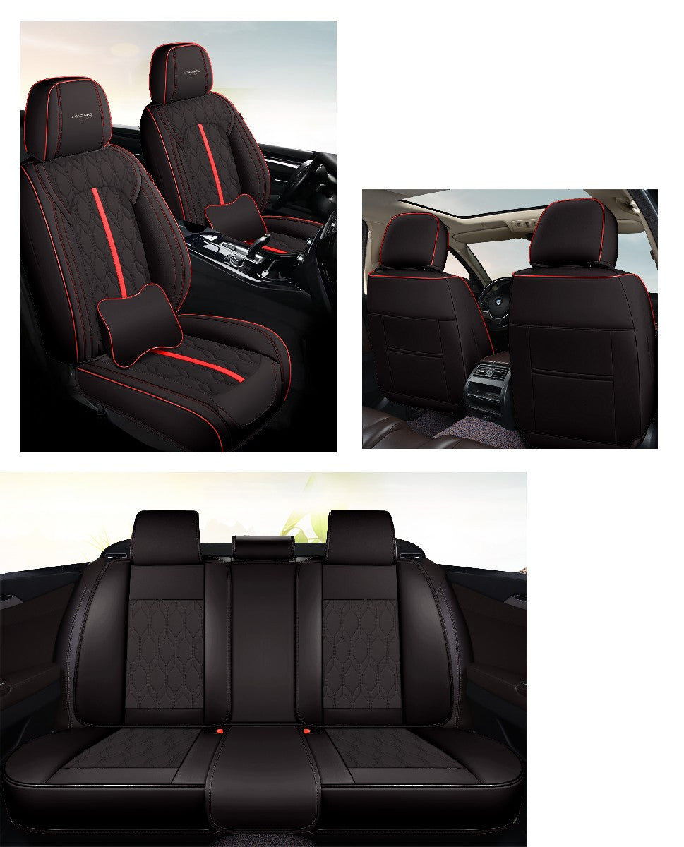 Huse auto premium 5 locuri Carguard Deluxe piele ecologică perforată - negru - rosu - HSA024