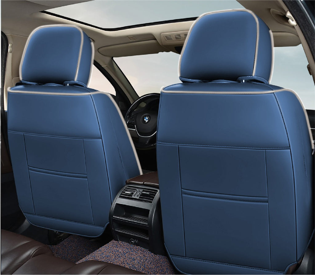 Huse auto premium 5 locuri Carguard Deluxe piele ecologică perforată și textil - albastru - alb - HSA015