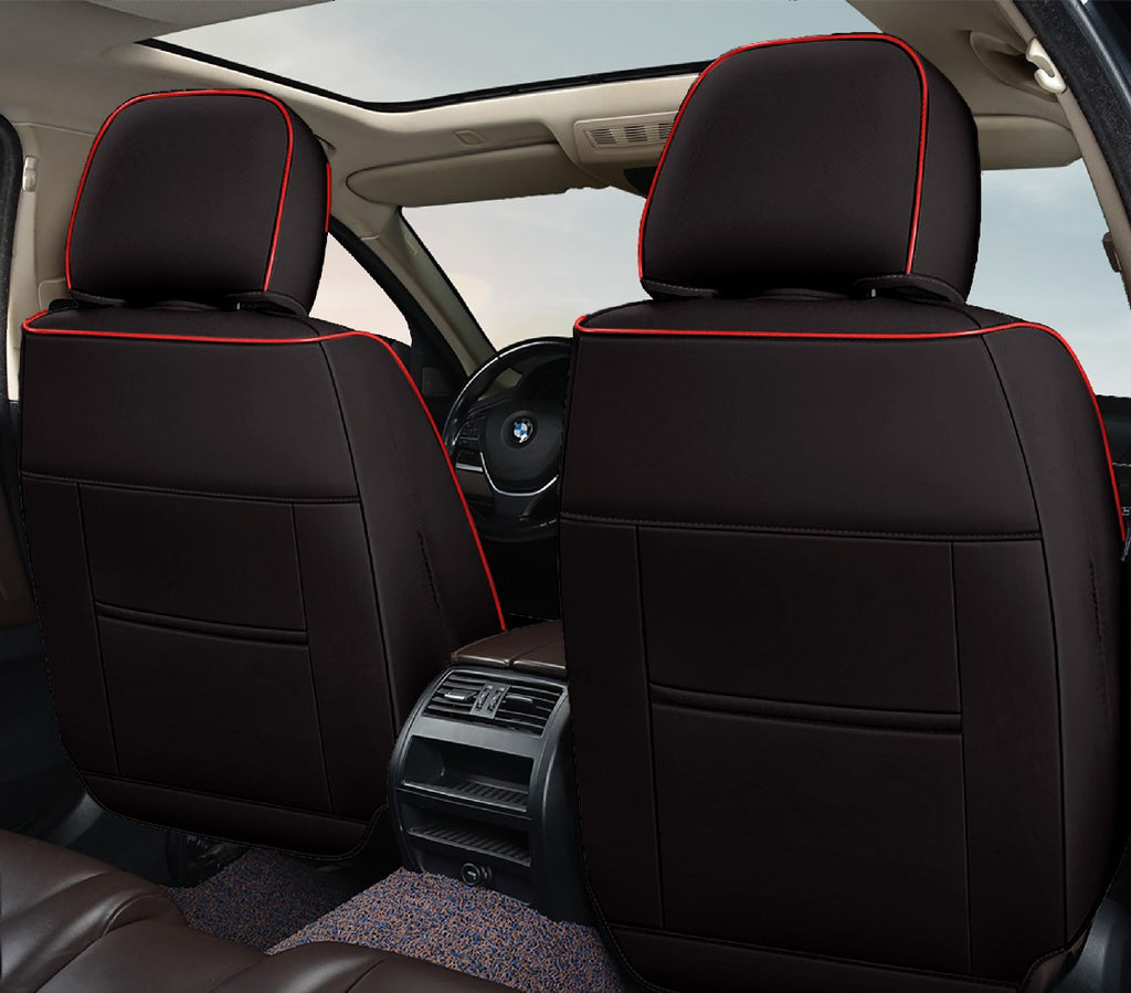 Huse auto premium 5 locuri Carguard Deluxe piele ecologică perforată - negru - rosu - HSA024