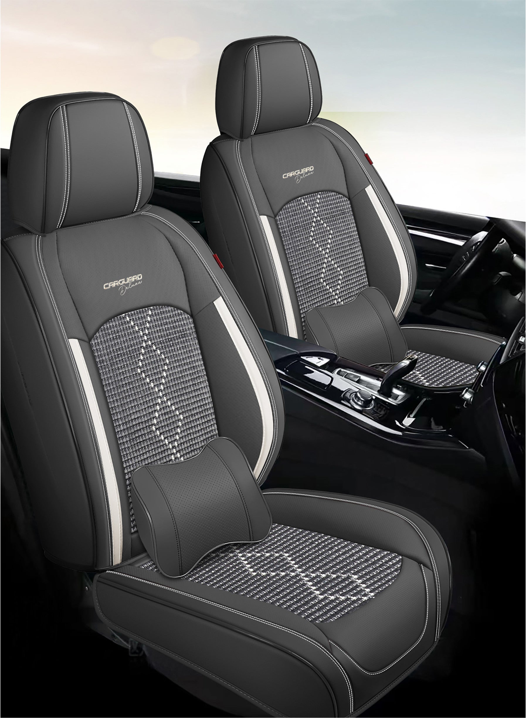 Huse auto premium 5 locuri Carguard Deluxe piele ecologică perforată și textil - negru - alb - HSA016