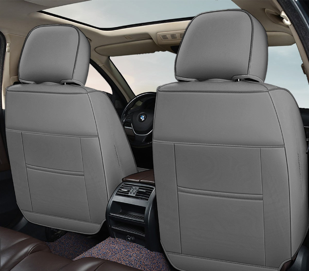 Huse auto premium 5 locuri Carguard Deluxe piele ecologică perforată - gri - negru - HSA026