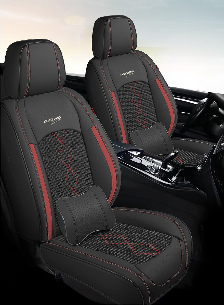 Huse auto premium 5 locuri Carguard Deluxe piele ecologică perforată și textil - negru - rosu închis - HSA018