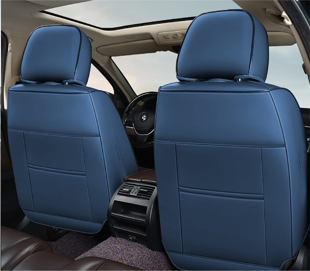 Huse auto premium 5 locuri Carguard Deluxe piele ecologică perforată și textil - negru - albastru închis - HSA019
