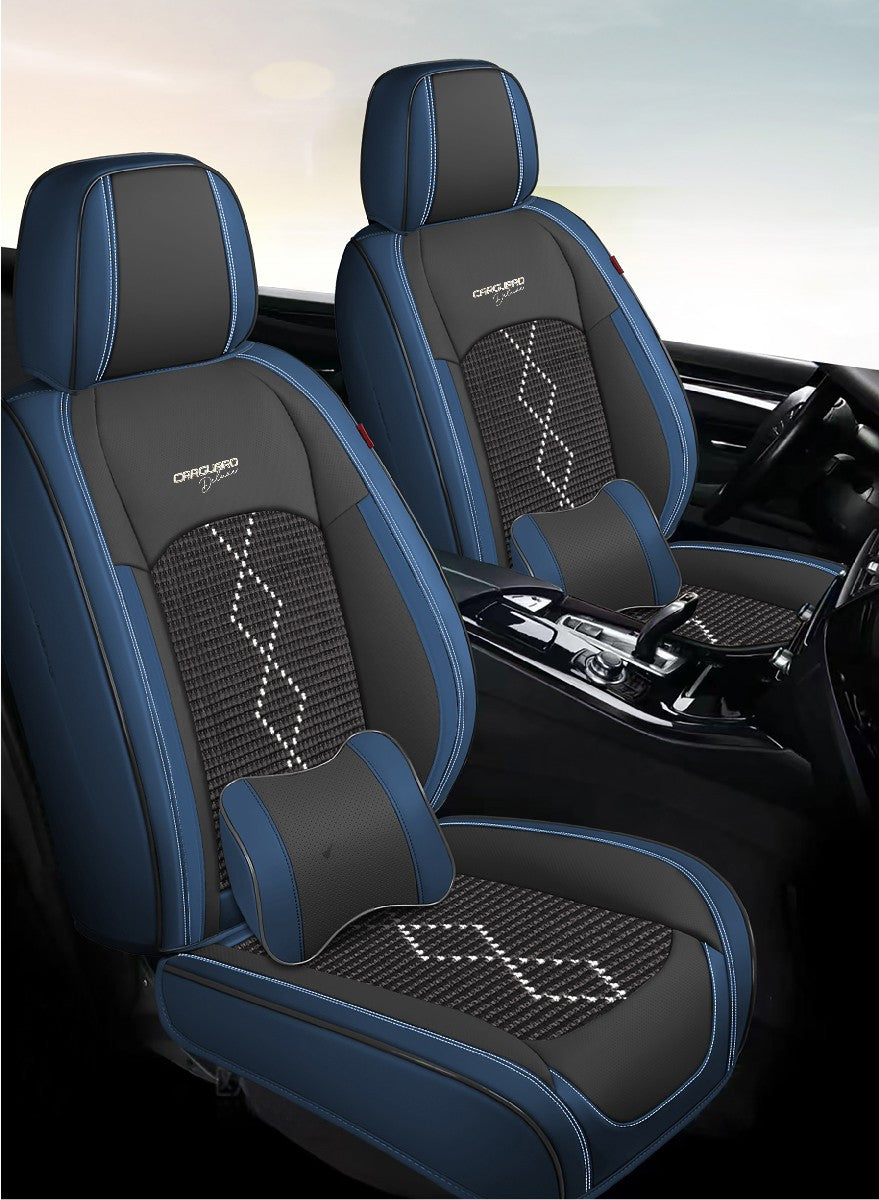 Huse auto premium 5 locuri Carguard Deluxe piele ecologică perforată și textil - negru - albastru închis - HSA019
